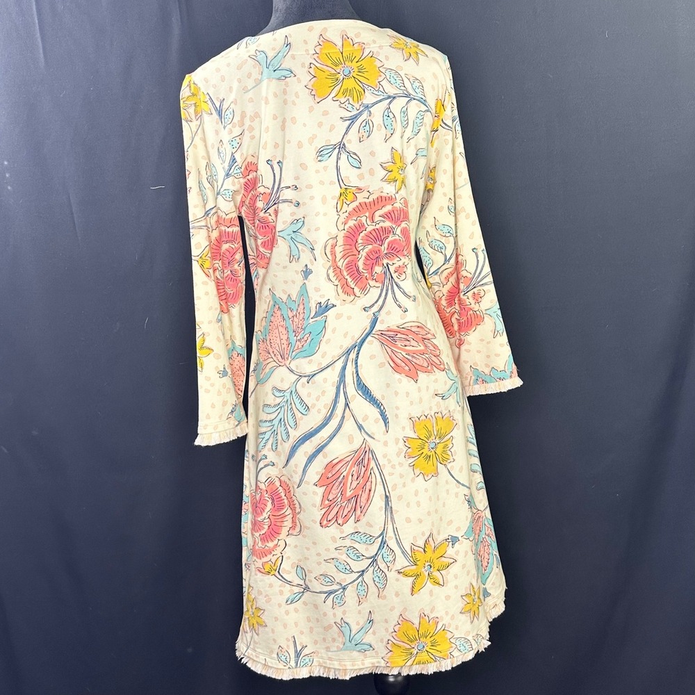 Spartina 449 M Shift Dress Cream Floral Boho Floral Fringe Trim Long Sleeved